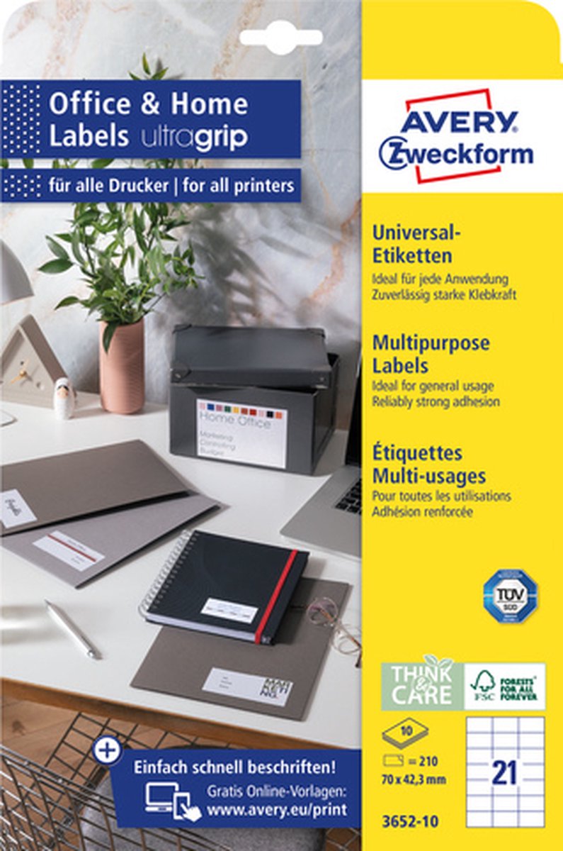 Avery zweckform avery-zweckform - permanente universele etiketten - wit - 70 x 42.3 mm - 210 labels