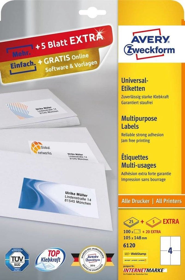 Avery zweckform 6120 - etiketten - weiß - a6 (105 x 148 mm) - 100 etikett(en) (6120)