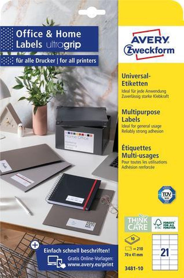 Avery zelfklevende etiketten 70 x 41 mm wit 21 stuks