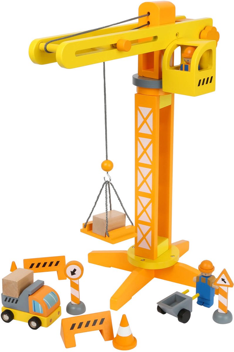 Small foot - wooden crane construction site with accessories, 14 pcs.