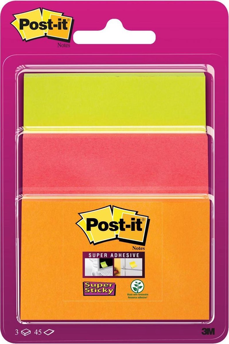 Post-it® super sticky notes, gekleurd, diverse afmetingen 1 blok: 47,6mm x 76 mm 1 blok: 76mm x 76 mm 1 blok: 76mm x 101 mm, neon oranje, neon roze, neon groen, 3 blokken