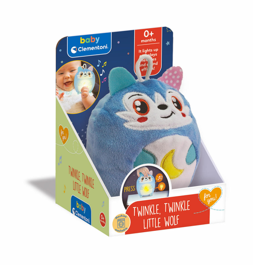 Clementoni baby twinkle winkle kleine wolf blauw knuffel nachtlamp