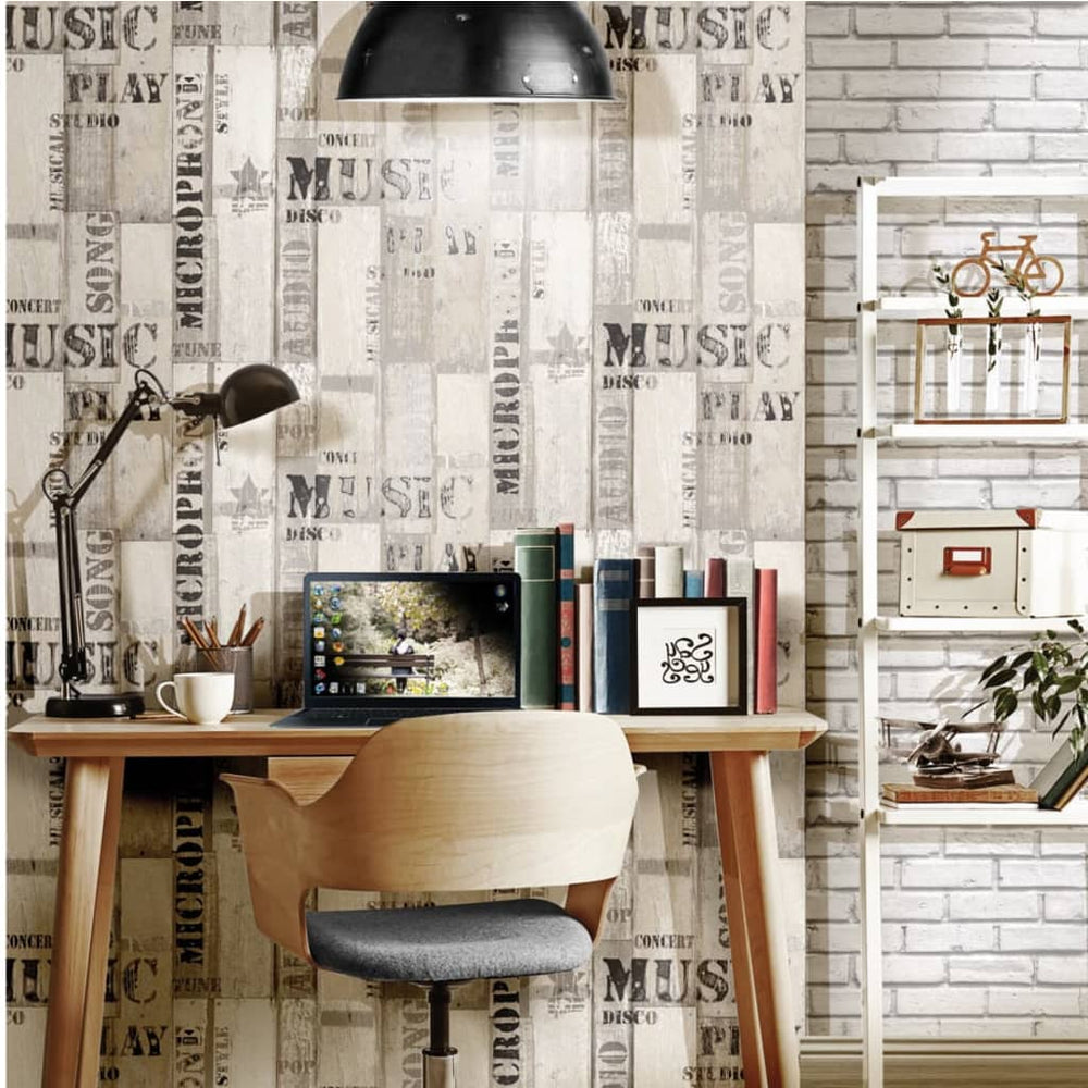 Noordwand behang urban Friends koffie houten planken grijs en zwart
