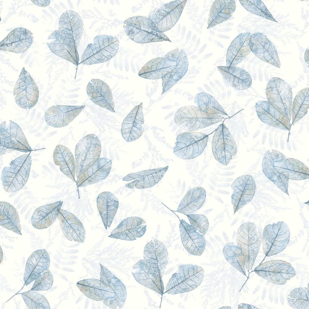 Noordwand behang groenblijvende bladeren wit en blauw