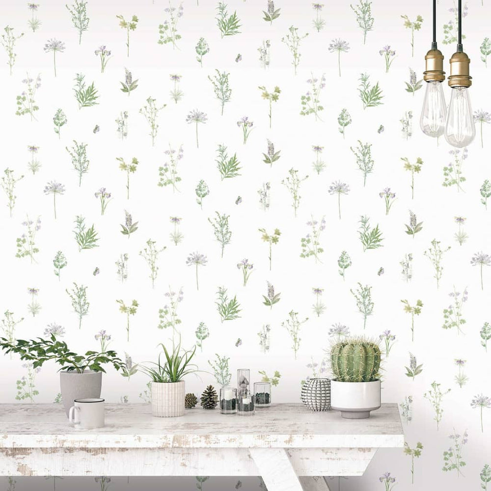 Noordwand behang groenblijvende kruiden en bloemen wit