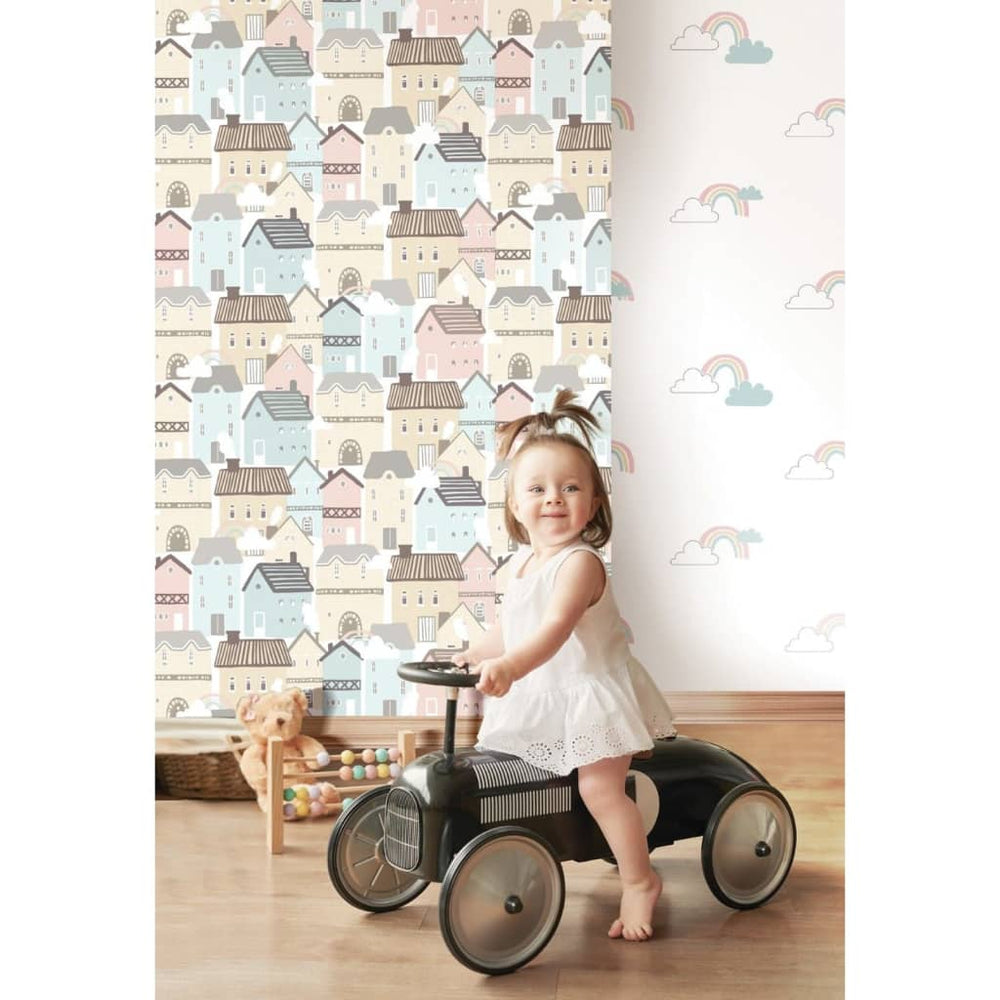 Noordwand behang mondo babywolkjes wit blauw roze
