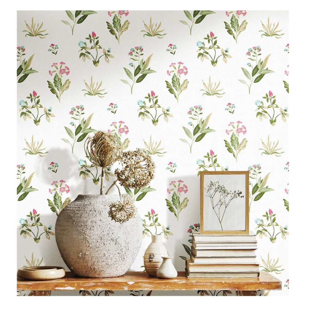 Noordwand behang bloeiende tuin 6 bloemen en planten wit en groen
