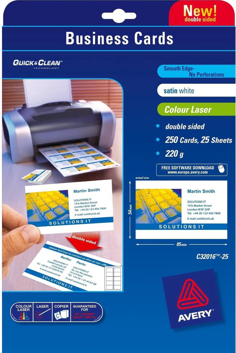 Avery quick clean™ visitekaartje 85 x 54 mm, 220 g m², dubbelzijdig, c32016, laser (pak 250 stuks)