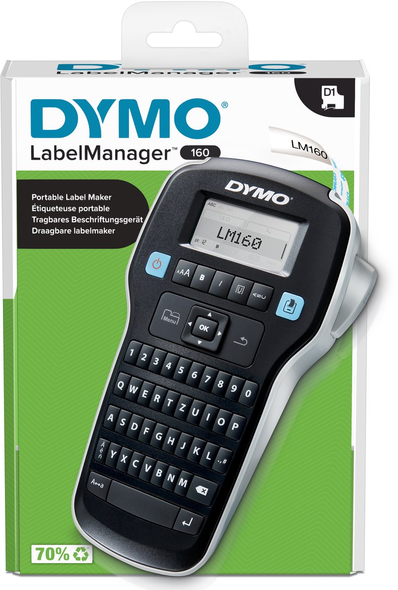 Dymo labelmanager 160-labelmaker | draagbare labelprinter met qwertz-toetsenbord | inclusief zwart-wit d1-labeltape (12 mm) | voor thuis en op kantoor