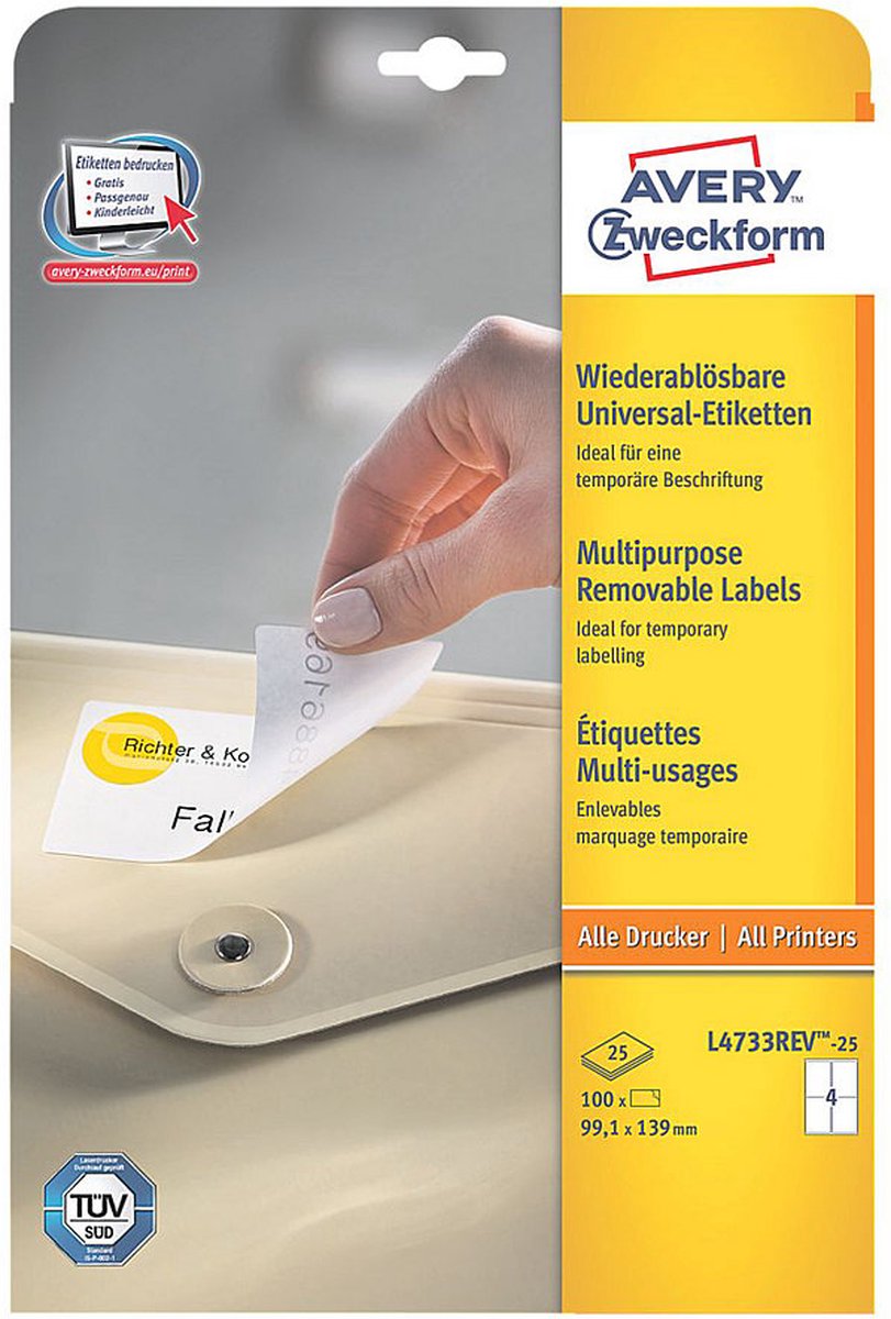 Merkloos sans marque avery afneembare etiketten, wit, 99,1 x 139,0 mm, afneembaar