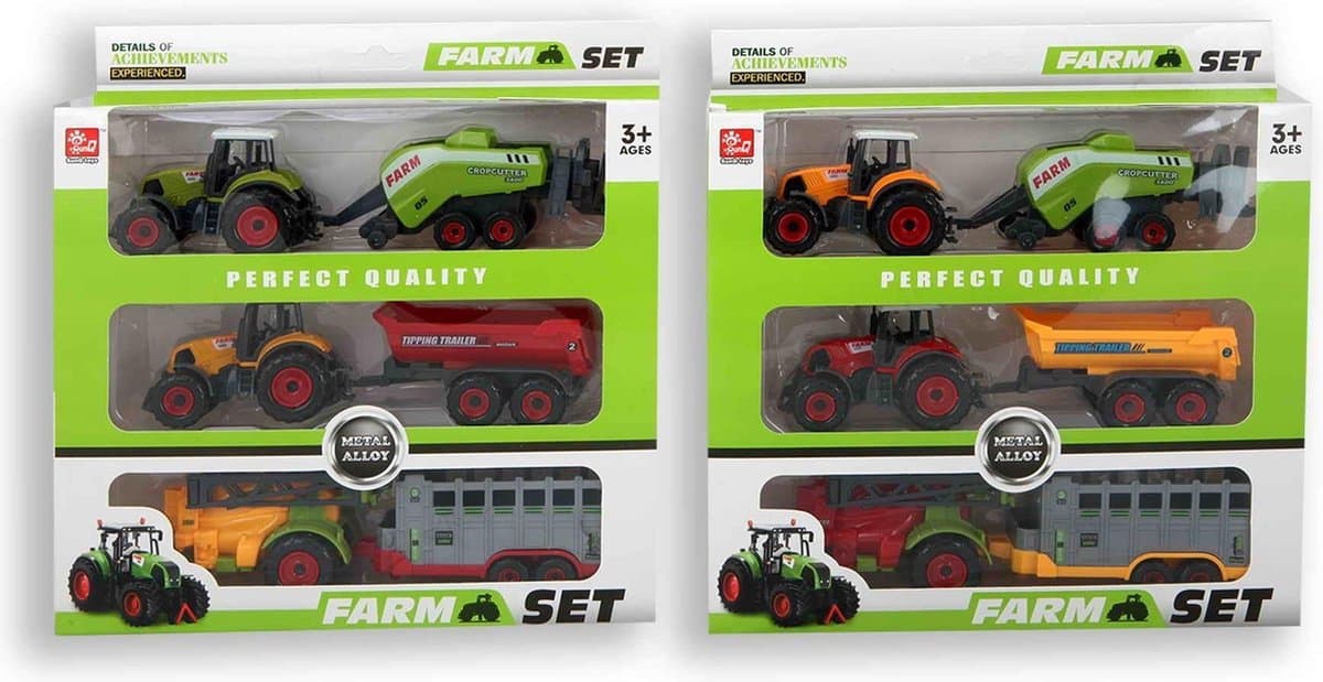 Jonotoys 6 delige tractorset met 2 tractoren en 4 aanhangers
