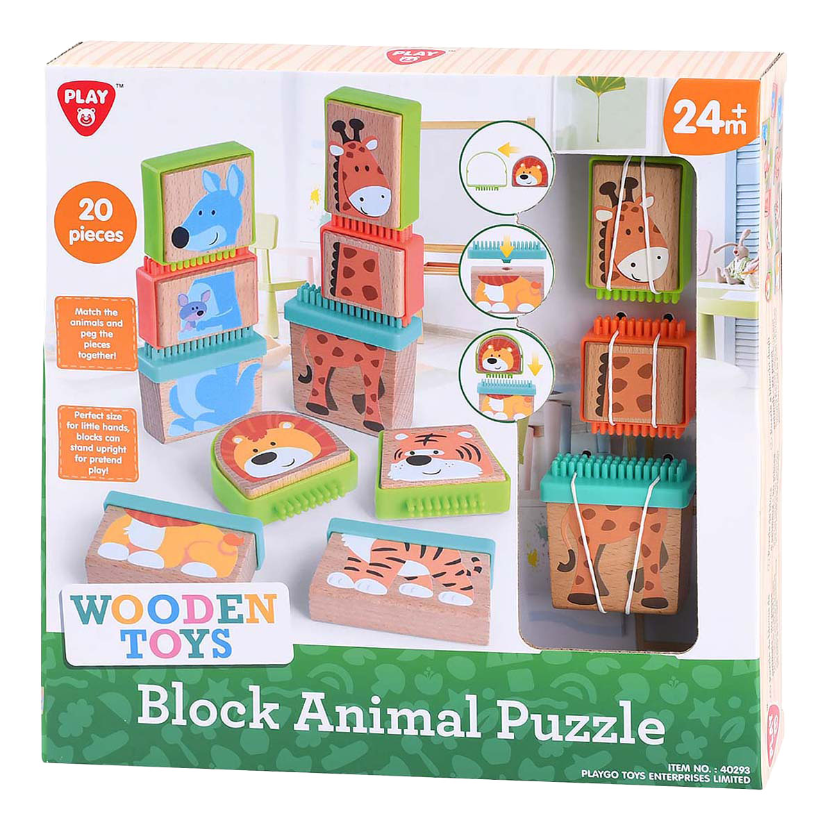 Speel houten blokpuzzel dieren, 20dlg.