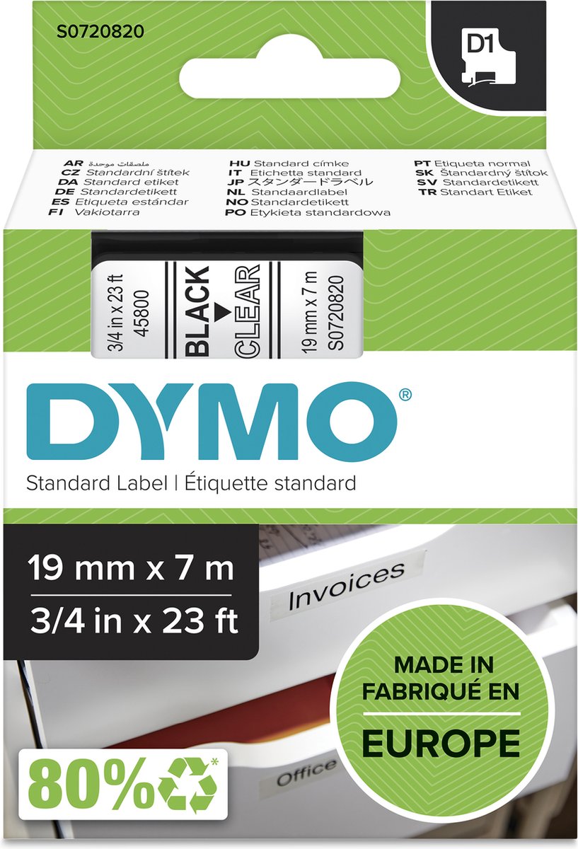 Dymo originele d1 labels | zwarte tekst op doorzichtig label | 19 mm x 7 m | zelfklevende etiketten voor de labelmanager labelprinter | gemaakt in europa