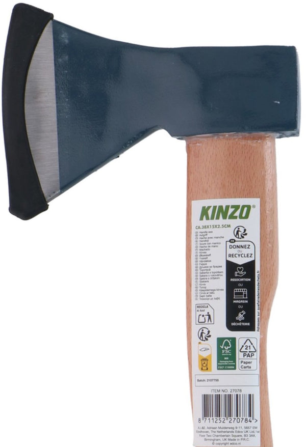 Kinzo handbijl 38x15x2,5 cm - bijl met fsc-houten steel en stalen kop - kleine bijl voor tuin, kamperen en houtbewerking - fsc hout en gerecycled karton