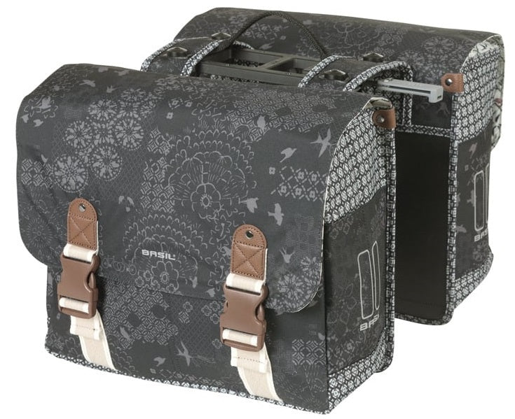 Basil dubbele fietstas bohème mik 35 liter - zwart houtskool