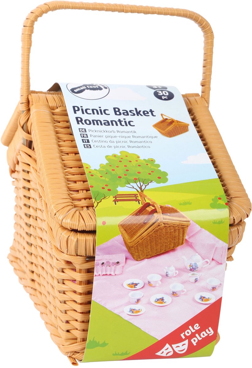 Small foot - wooden picnic basket with romantic crockery, 30 pcs.