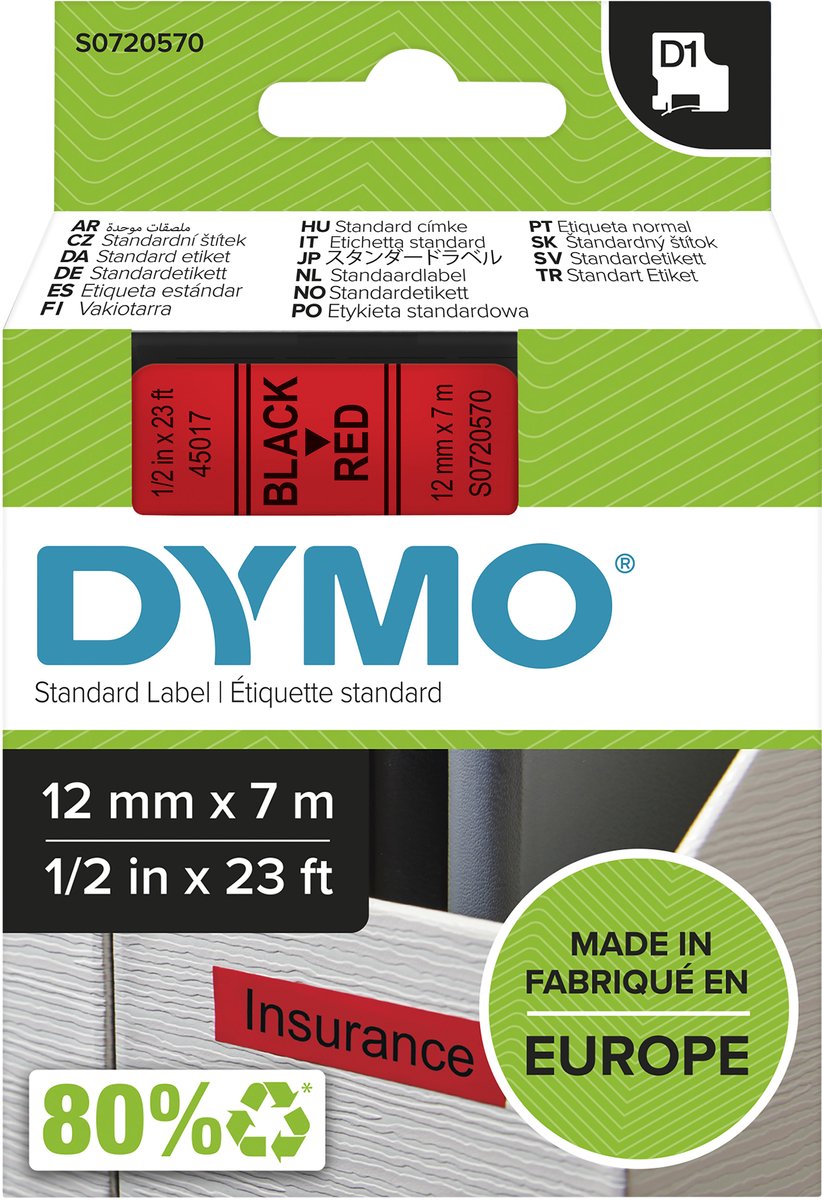 Dymo originele d1 labels | zwarte tekst op rood label | 12 mm x 7 m | zelfklevende etiketten voor de labelmanager labelmaker | gemaakt in europa