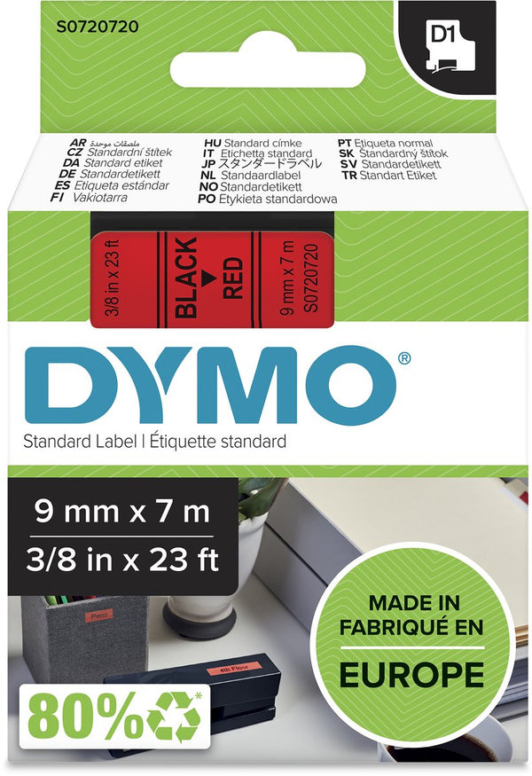 Dymo originele d1 labels | zwarte tekst op rood label | 9 mm x 7 m | zelfklevende etiketten voor de labelmanager labelmaker | gemaakt in europa