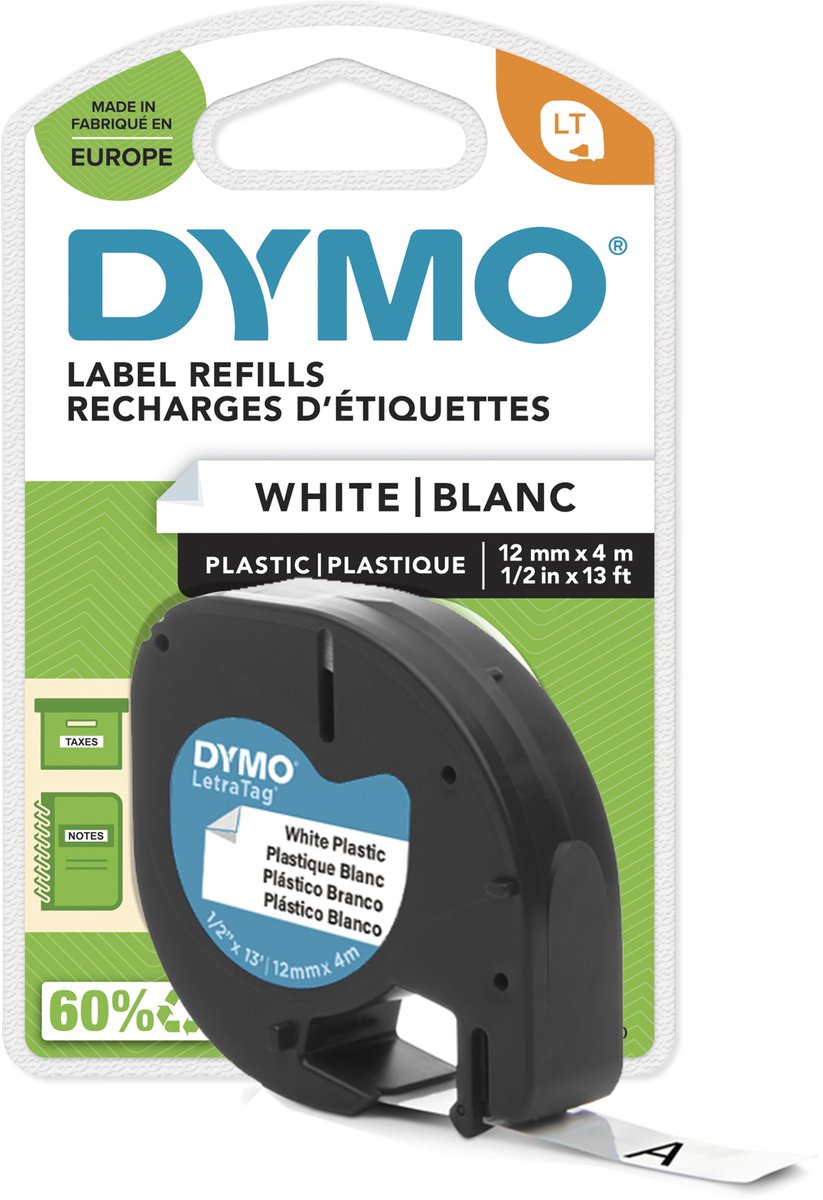 Dymo letratag originele plastic labels | zwart afdrukken op witte etiketten | 12 mm x 4 m | zelfklevende multifunctionele labels voor letratag labelprinters | gemaakt in europa