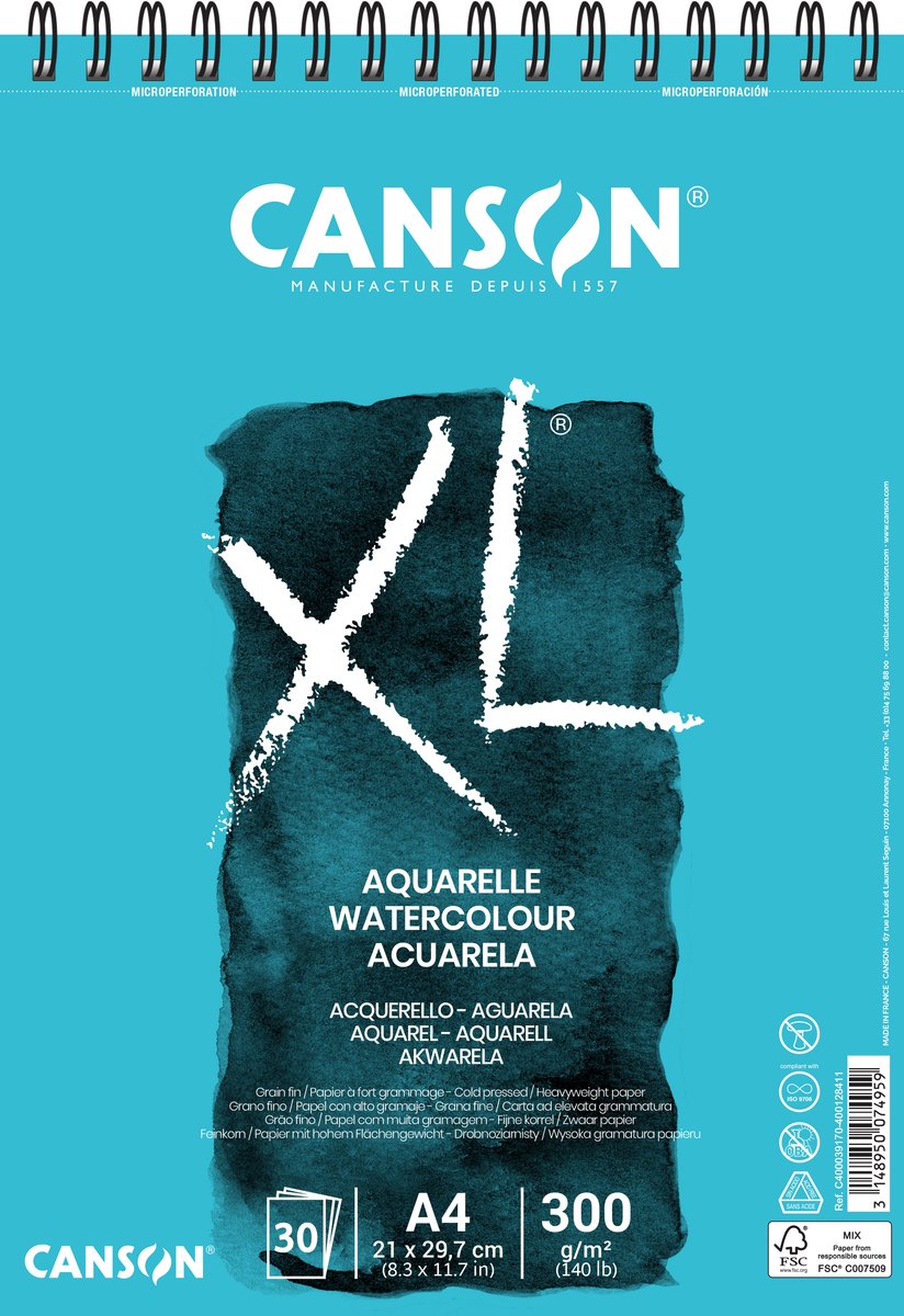 Canson schetsblok xl aquarelle - 300g m - a4 - 30 vellen