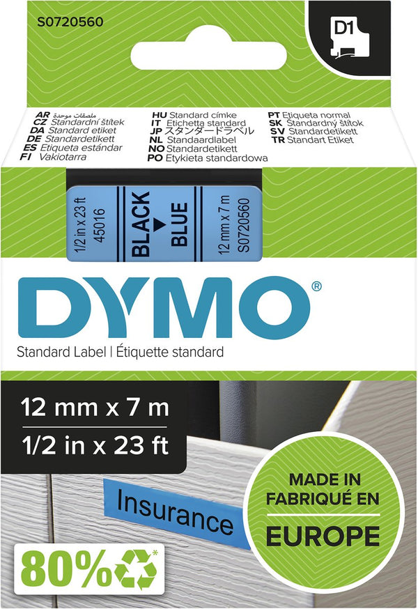 Dymo originele d1 labels | zwarte tekst op blauw label | 12 mm x 7 m | zelfklevende etiketten voor de labelmanager labelprinter | gemaakt in europa