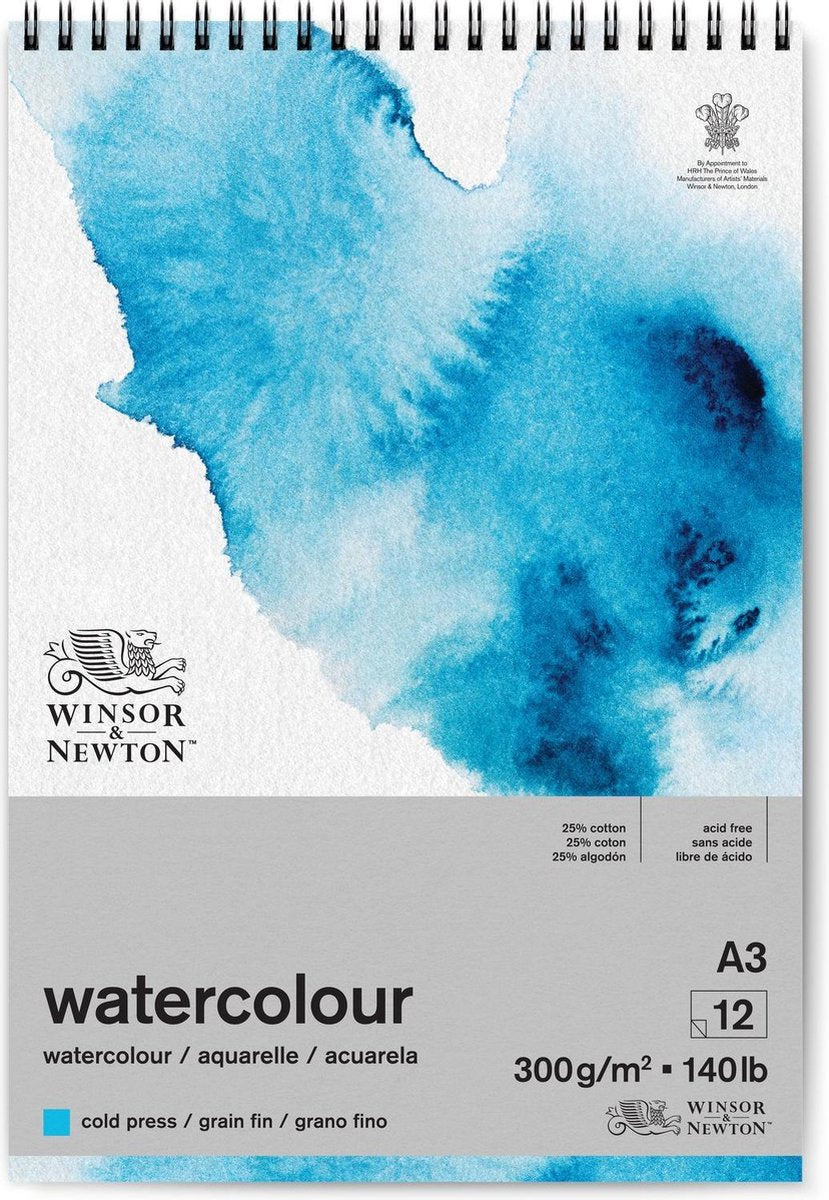 Winsor newton 6662580 classic aquarelblok spiral pad – 300 g m², 12 vellen, a3, koudgeperst, grain fin - aquarelpapier in spiraalblok a3