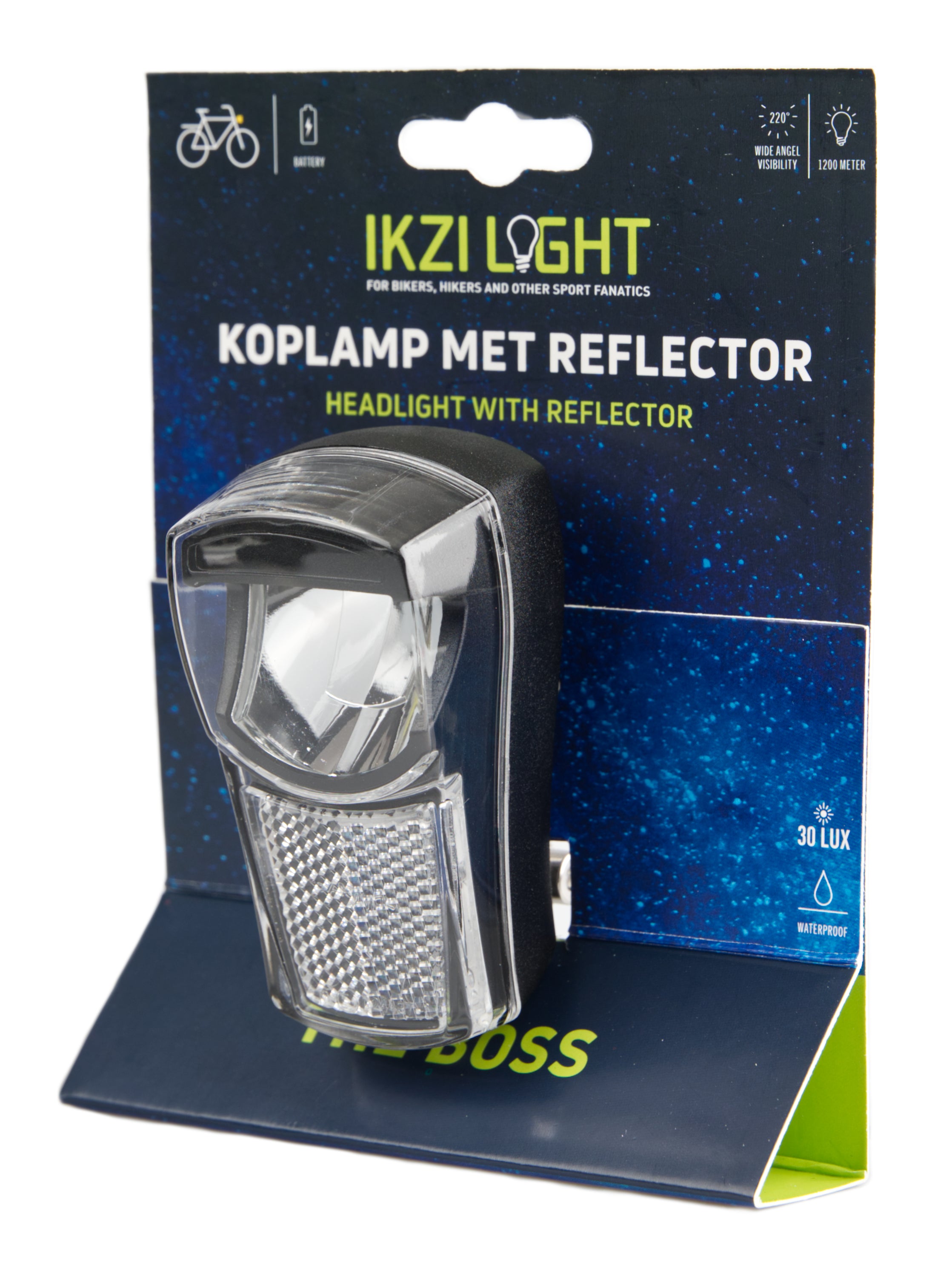 Ikzilight koplamp The Boss, 1 witte led 20LUX. incl beugel en batterijen (hangverpakking)