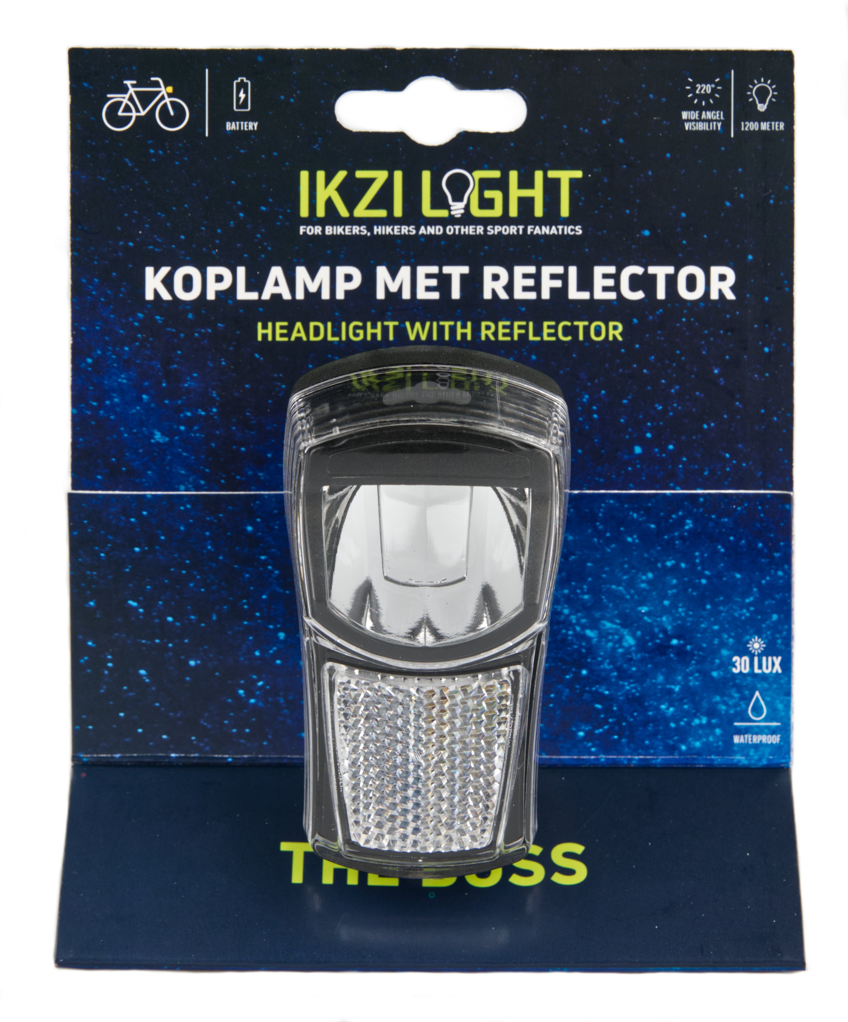 Ikzilight koplamp The Boss, 1 witte led 20LUX. incl beugel en batterijen (hangverpakking)