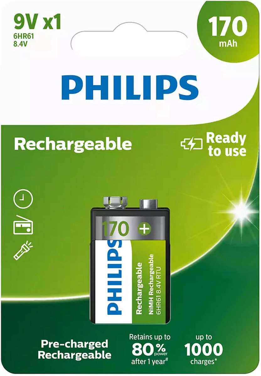 Oplaadbare Batterij Philips Oplaadbaar NimH 9V HR22 170mAh