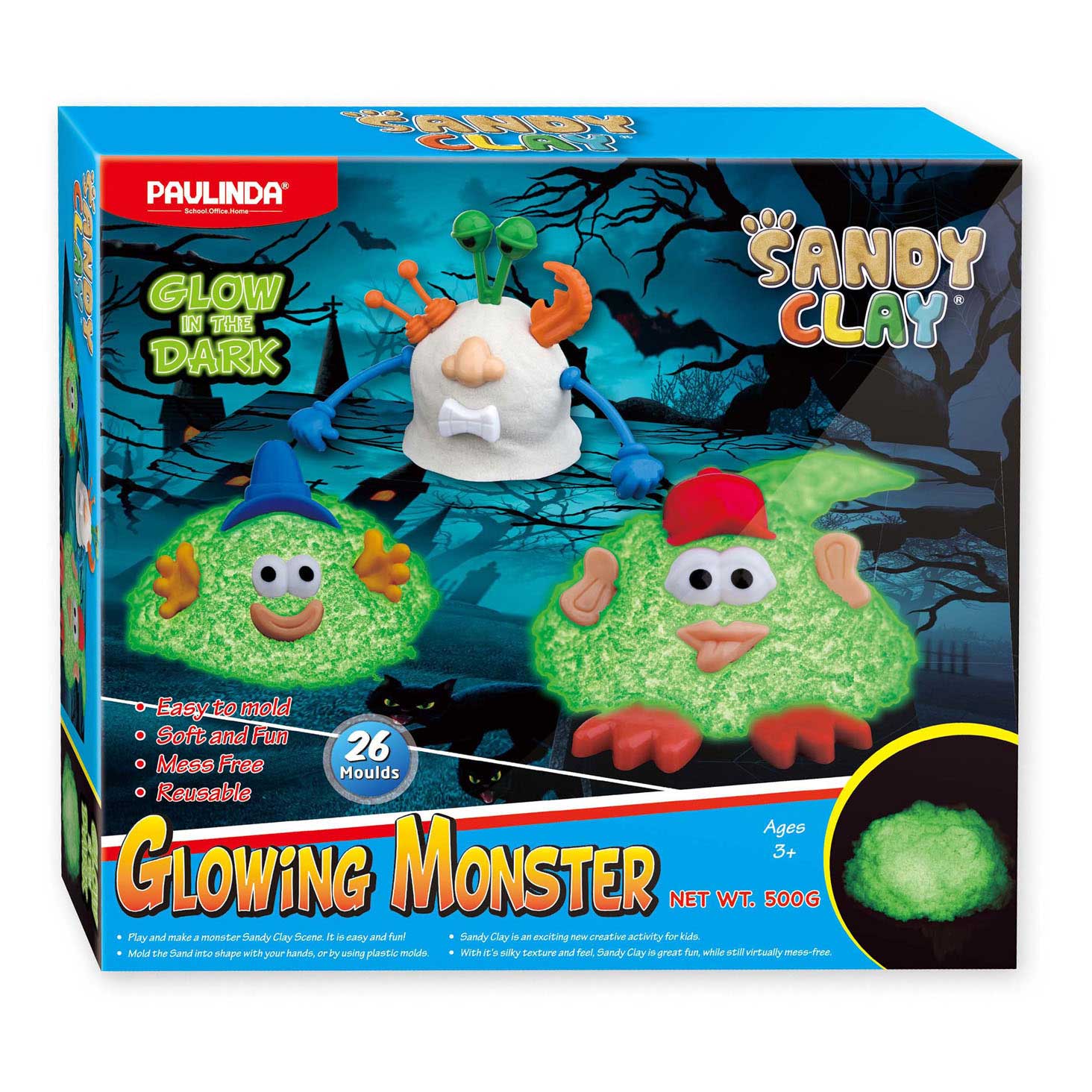 Paulinda glow in the dark speelzand glow monsters, 500gr.