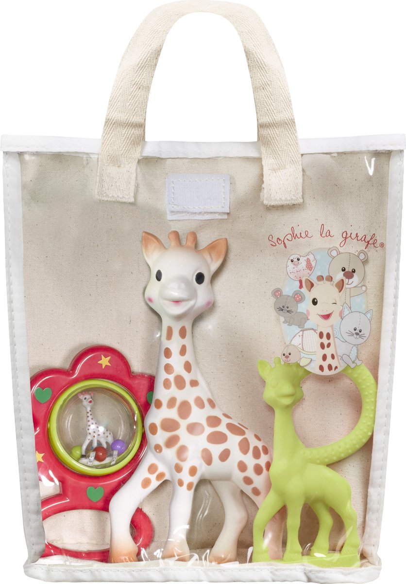 Sophie de giraf cadeauset in katoenen cadeautas - , rammelaar bijtring - kraamcadeau - babyshower cadeau - 4-delig