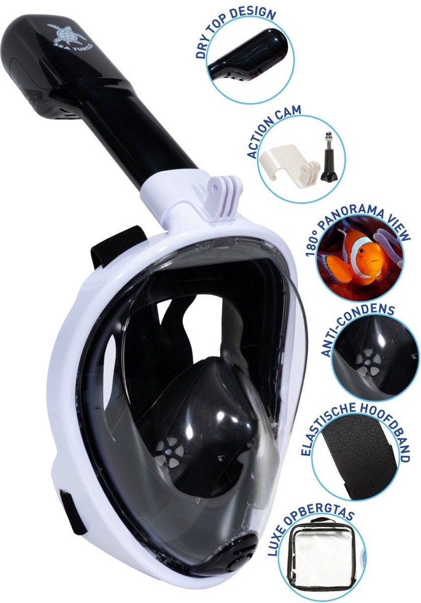 Sea turtle snorkelmasker - snorkel - duikbril - snorkelset - full face masker - volwassenen - wit zwart - s m