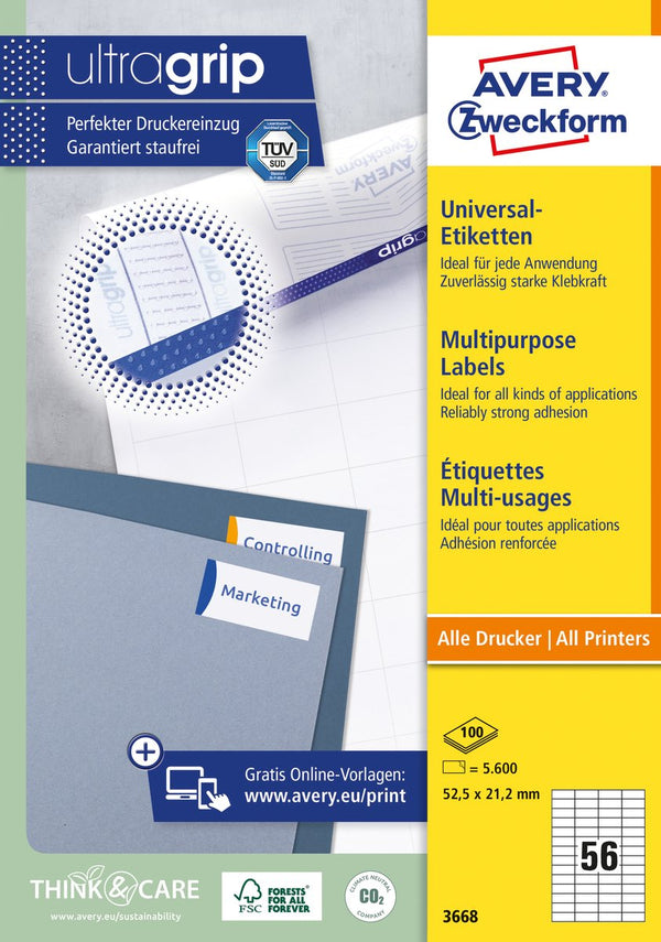 Avery universele etiketten, wit, 52,5 x 21,2 mm, permanent klevend