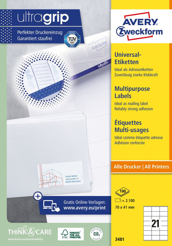 Avery witte etiketten quickpeel formaat 70 x 41 mm (b x h) 2.100 stuks 21 per blad doos van 100 blad