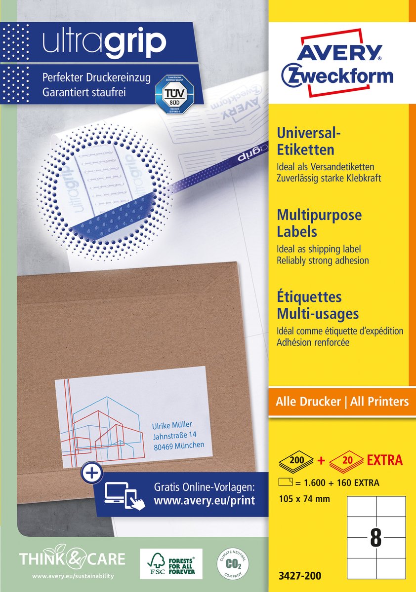 Avery witte etiketten quickpeel formaat 105 x 74 mm (b x h) 1.600 stuks 8 per blad doos van 200 blad