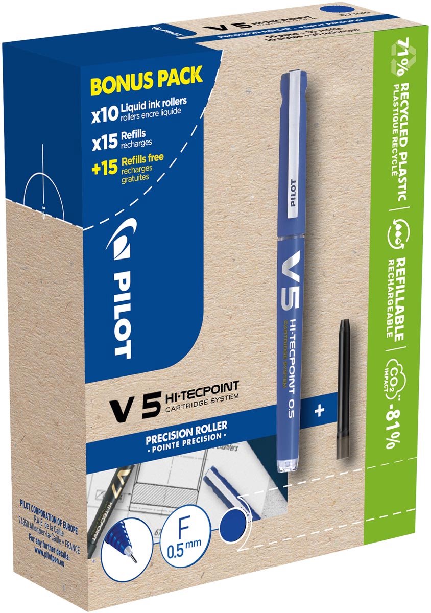 Pilot hi-tecpoint v5, 10 rollers + 30 vullingen, fijn, blauw