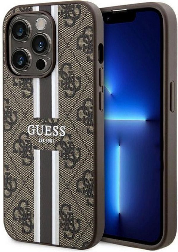 Guess 4g printed stripes hard case back cover met magsafe voor apple iphone 15 pro max - bruin