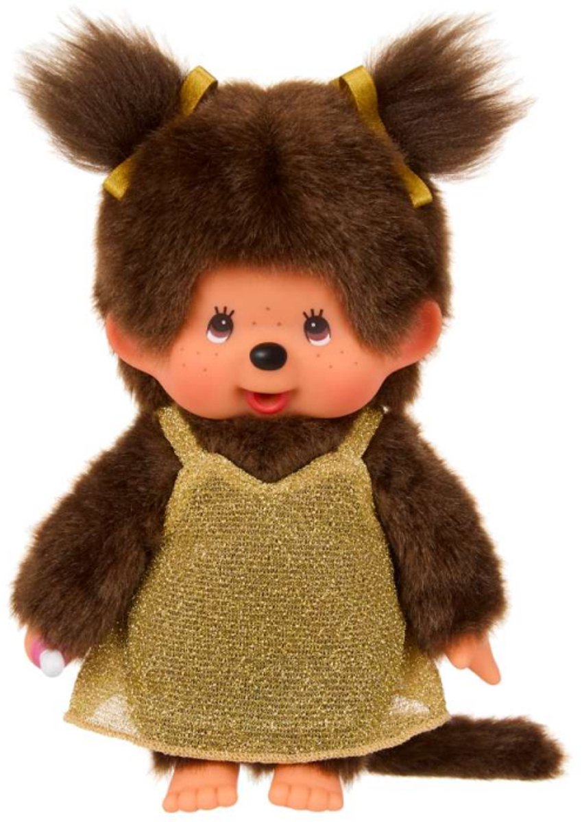 Monchhichi pop meisje - gouden glitterjurk 20 cm - knuffel speelgoed.