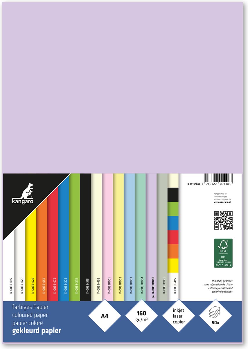 Kangaro papier - a4 - 160 gram fsc - pak 50 vel - pastel lila - k-0039p005