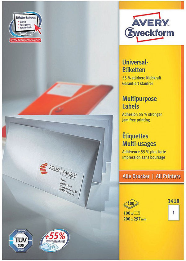 Avery universele etiketten, wit, 200,0 x 210,0 mm, permanent klevend