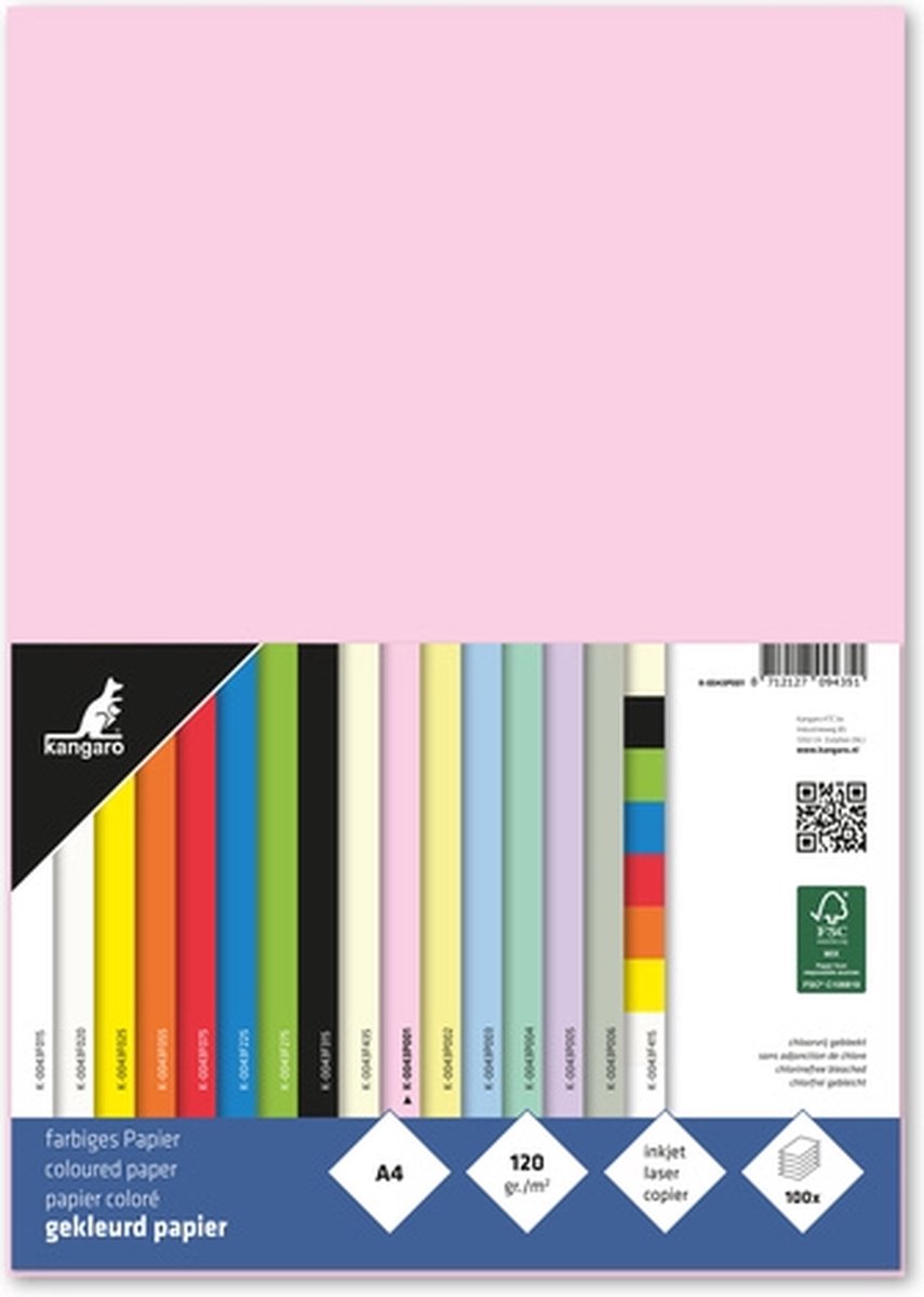 Kangaro papier - a4 - 120 gram fsc - pak 100 vel - pastel roze - k-0043p001