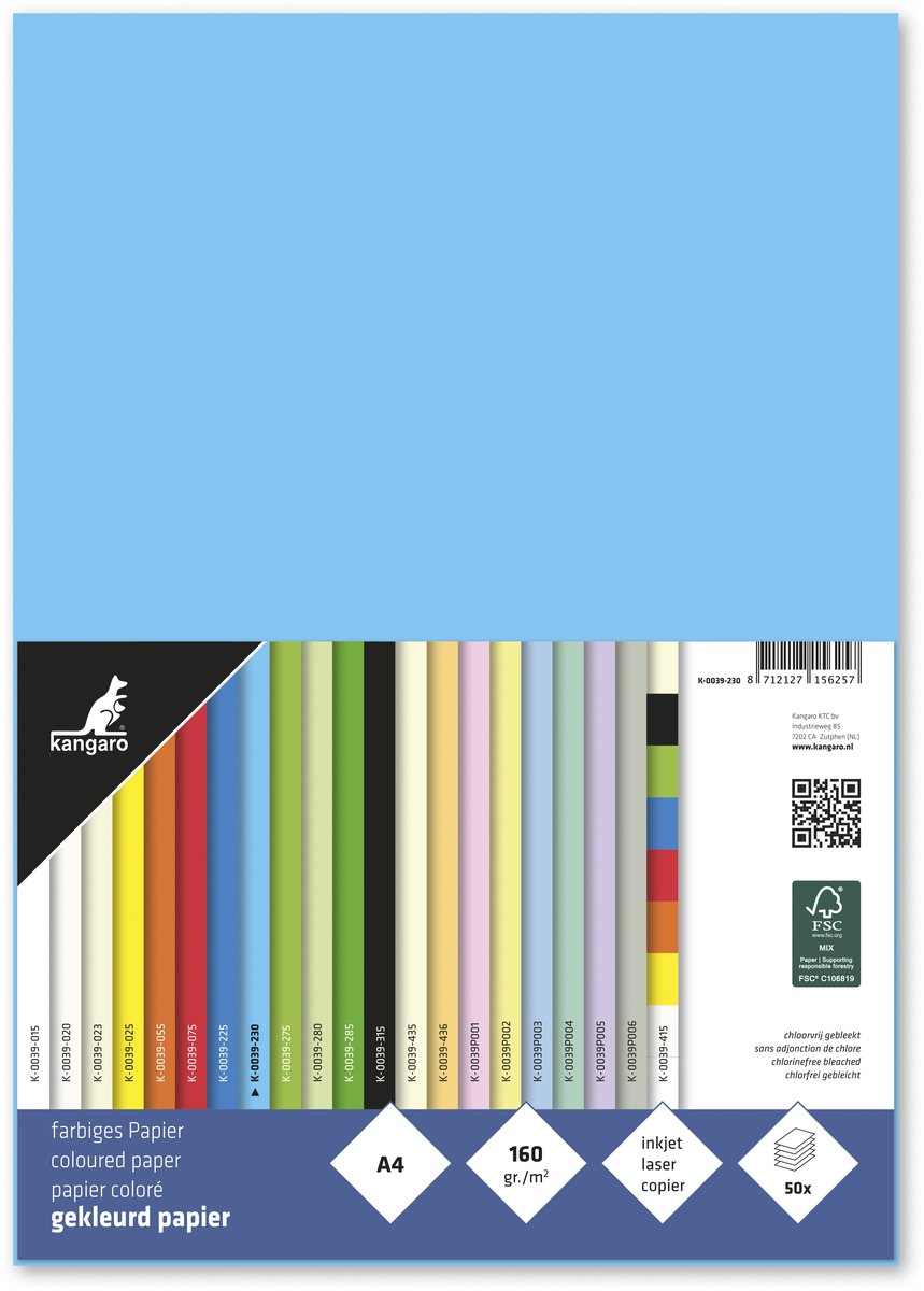 Kangaro papier - a4 - 160 gram fsc - pak 50 vel - azuurblauw - k-0039-230