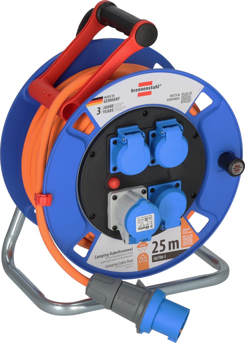 Brennenstuhl camping kabelhaspel 25m garant cee ip44 (cee haspel met h07rn-f 3g2,5-kabel in oranje, kabelhaspel voor permanent gebruik buitenshuis ip44, made in germany)