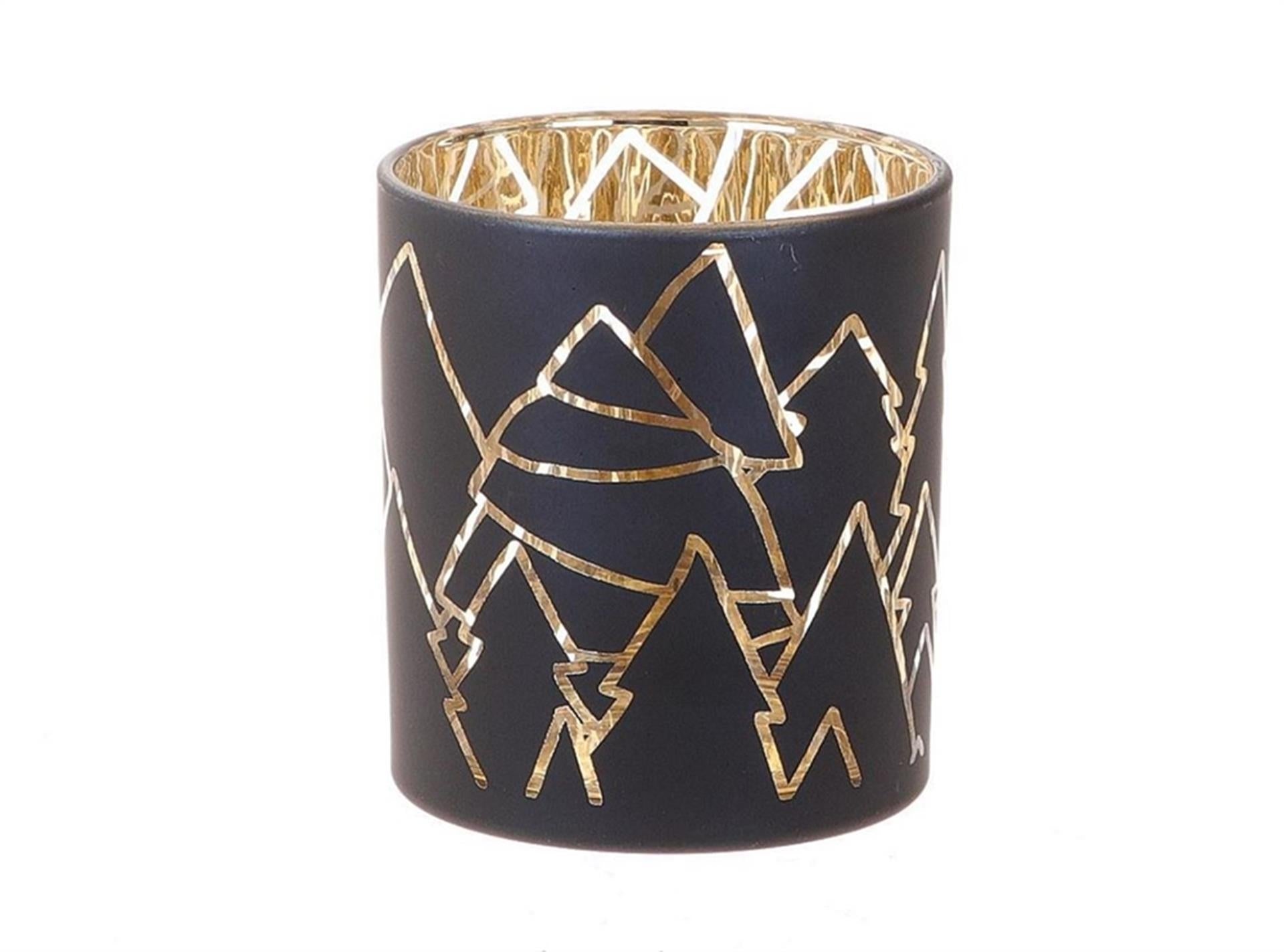Hbx natural living theelichthouder dourdan ø7xh8,2cm met kerstbomen print in zwart goud
