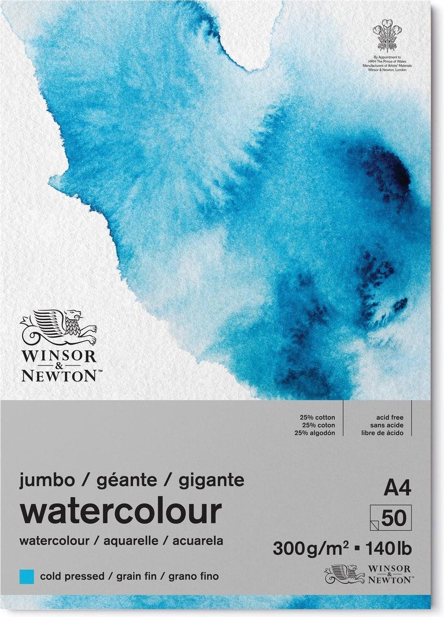Winsor newton 6667010 aquarelblok – 300 g m² watercolour pad a4, koudgeperst, grain fin, 50 vellen - jumbo blok