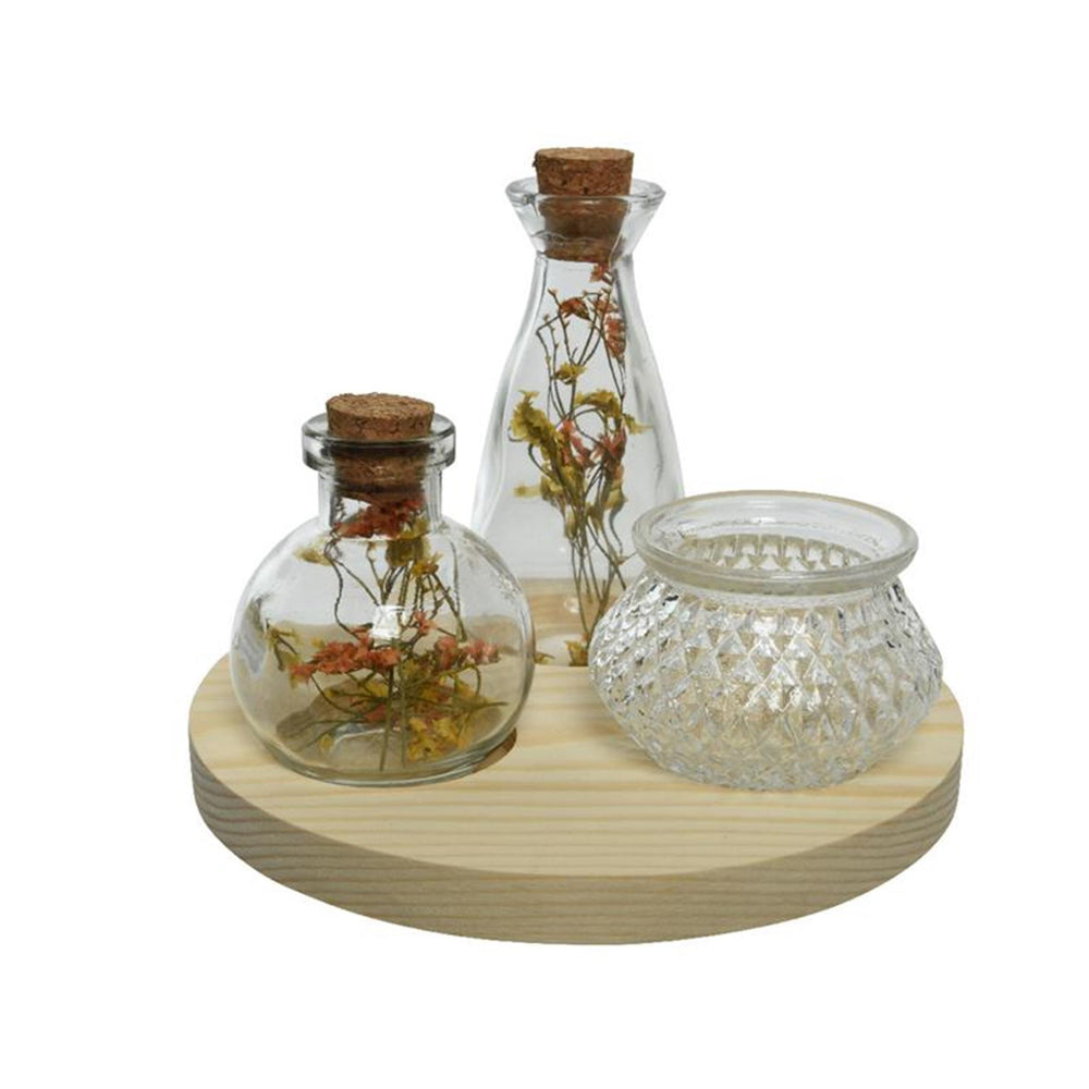 Decoris onderbord met decoratie 2 flessen mer droogbloemen, 1 theelicht en onderbord ø18-h35cm
