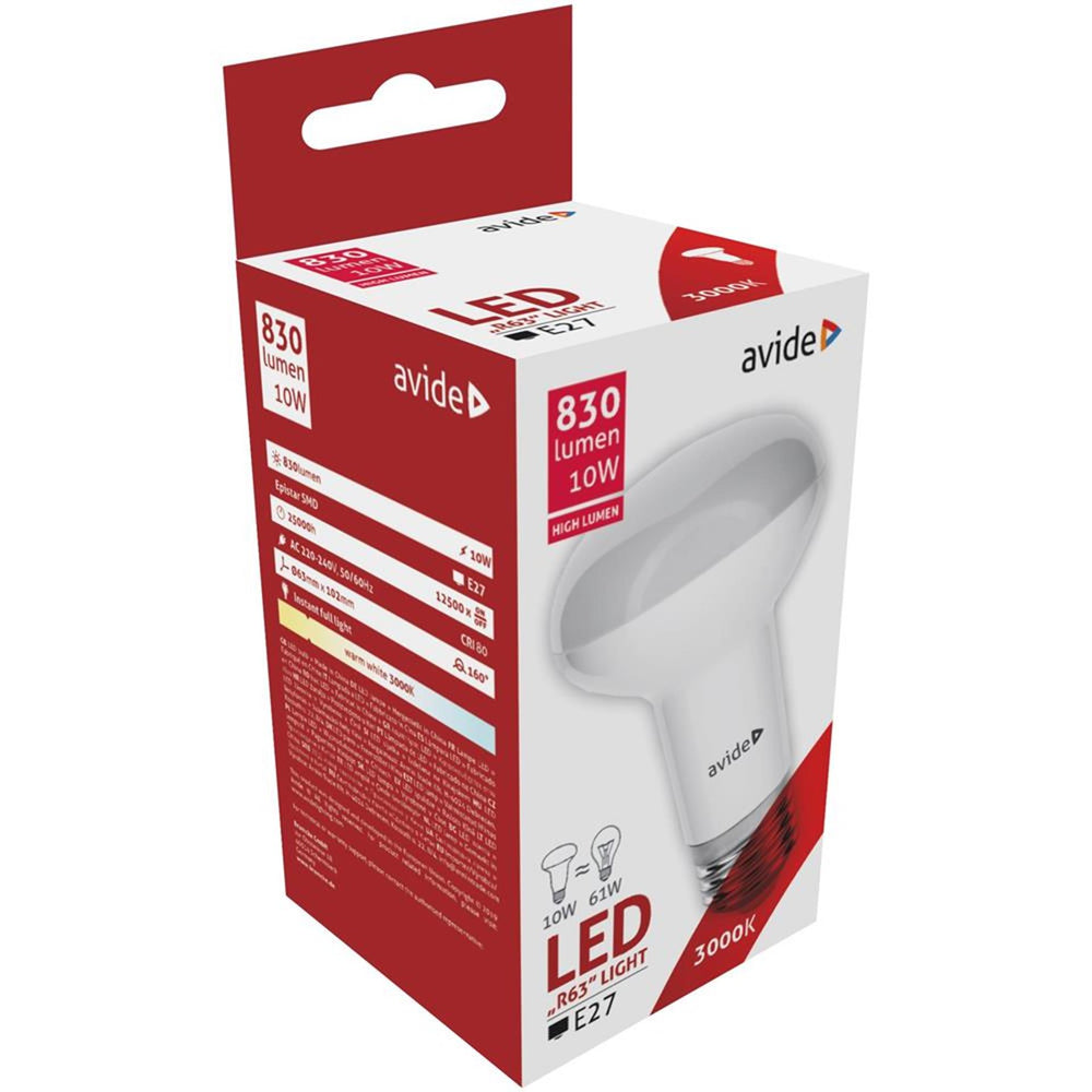 Avide led r63 10w, e27 fitting 3000 kelvin warmwit 830 lumen
