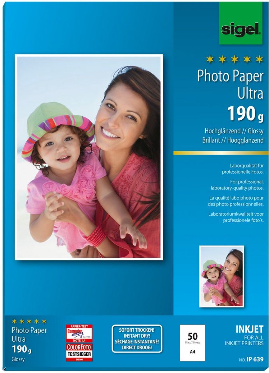Sigel inkjet fotopapier - ultra - a4 hoogglans - 190 grams - 50 vel - si-ip639