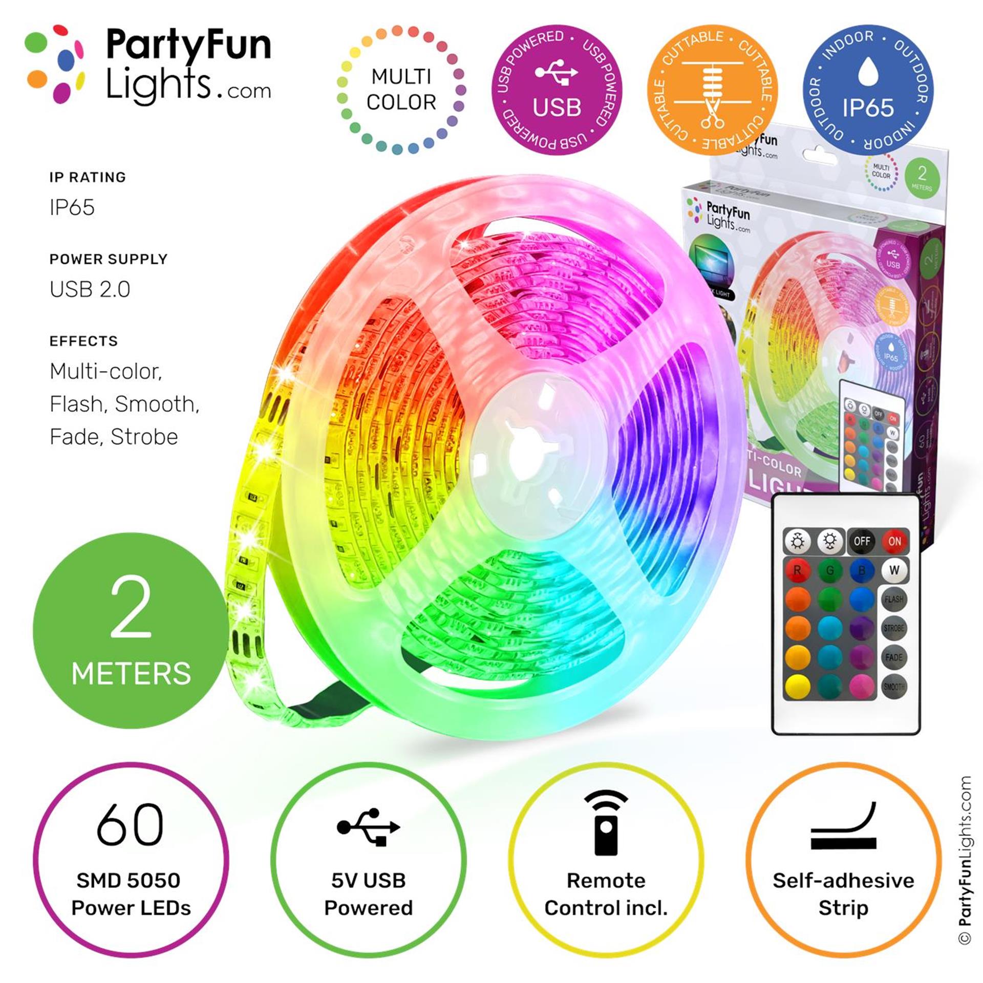 Partyfun lights led strip usb 2meter ip65
