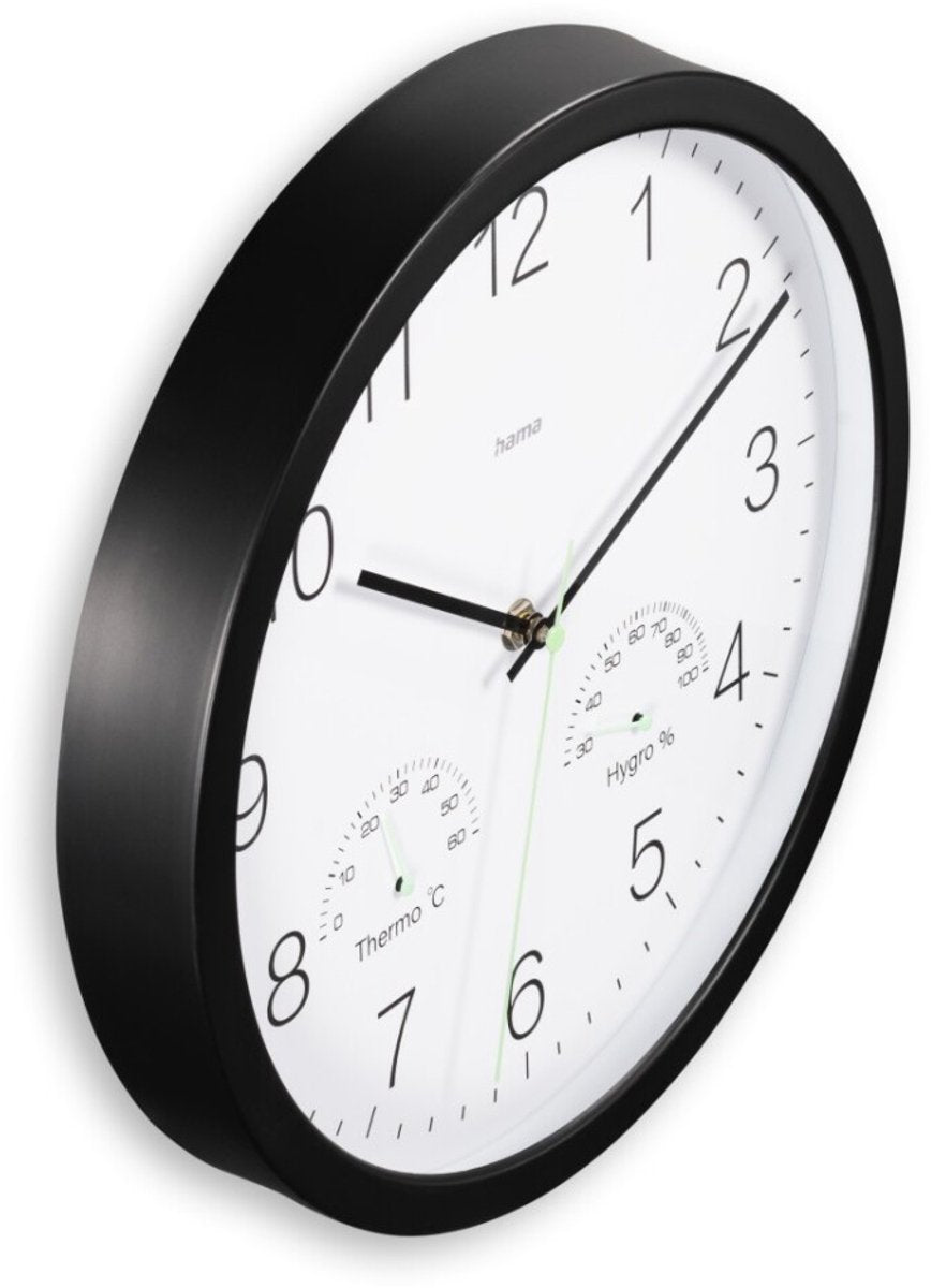 Hama wandklok- santorini- tikt niet - thermo- ygrometer- zwart